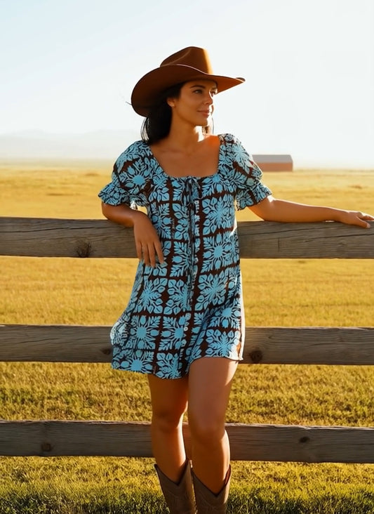 Kalena Dress in Aqua Pineapple Quilt Design